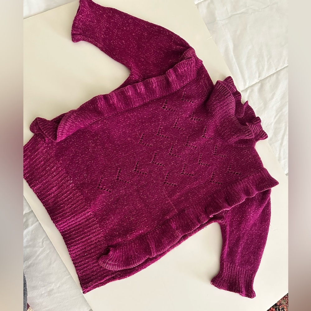 Vintage plum short sleeve sweater ruffle collar sleeve hem pointelle front